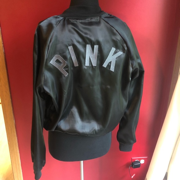 Pink Victoria’s Secret satin black bomber jacket